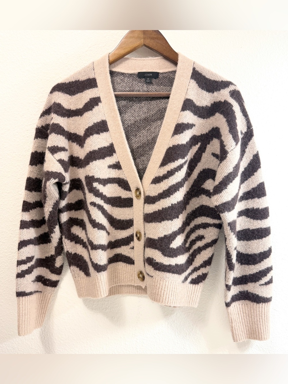 J.Crew Alpaca Wool Blend Zebra Cardigan Sweater Fuzzy Knit Cozy M
